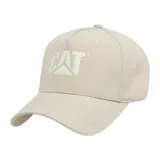 Gorro de gabardina color beige con logo CAT bordado en blanco en el frente. Tiene visera curva y correa ajustable en la parte trasera.