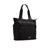 Bolso tote negro acolchado con cierre superior, doble asa de hombro y múltiples bolsillos externos con cierre.