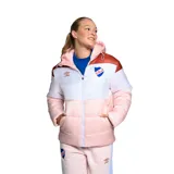 Campera puffer con capucha del Club Nacional de Football, con diseño color block en blanco, rosa y marrón. Incluye logo de Umbro y escudo del club.