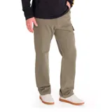Pantalón de twill color verde militar, con bragueta de cremallera y múltiples bolsillos, incluyendo bolsillos cargo.
