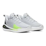 Championes de básquet Under Armour Curry 12, color gris claro con detalles en negro y verde flúor. Presentan tecnología UA Flow para mayor amortiguación y tracción en la cancha.