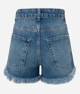 Short de jean de tiro alto, color azul denim, con desgarros, bajo deshilachado y detalles de strass.