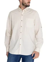 Camisa casual de hombre RKF Galiton, color amarillo claro, de manga larga ajustable con botones de madera. Confeccionada en popelina 100% algodón orgánico, con bolsillo de pecho con logo bordado y protección UV 20+.