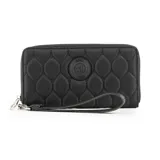 Billetera negra con diseño acolchado y cierre perimetral. Presenta un aplique circular con el logo "Extra XL Large". Incluye correa de mano extraíble, doce compartimentos internos y un bolsillo con cierre.
