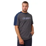 Remera gris con mangas cortas, cuello redondo y estampado con el logo de la marca en el pecho. Mangas y cuello en azul marino con ribete blanco.
