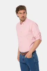 Camisa a cuadros color rosa, de manga corta, modelo slim con bolsillo, confeccionada 100% en algodón.