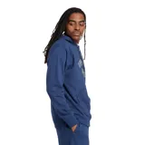 Buzo hoodie azul marino con cordones ajustables y estampado frontal con el logo de New Balance Athletics en color blanco.