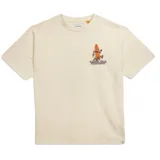 Remera de manga corta color beige claro con cuello redondo y un pequeño estampado gráfico en el pecho que muestra una tabla de surf con rostro y extremidades corriendo, con el texto "CRITICAL SLIDE FAST AND LOOSE".