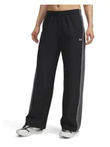 Pantalón deportivo Under Armour Rival Woven para mujer, color negro con detalles en gris y logo blanco.