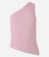 Blusa de microfibra color rosado, con escote asimétrico de un hombro y fruncido lateral.