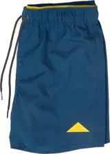 Short de baño azul con cintura elastizada, cordón de ajuste y logo de triángulo amarillo en la pierna derecha.