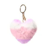 Llavero con dije de pompón de piel sintética con forma de corazón en colores blanco, rosa y lila, con cadena y aro metálico dorado.