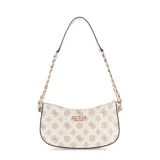 Bolso de hombro Guess modelo Evelune, color blanco con estampado del logo de la marca en marrón. Tiene herrajes dorados, cierre superior con cremallera y correa corta con cadena dorada.