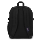Mochila Jansport modelo Main Campus, color negro, con compartimento principal, bolsillo frontal con organizador, bolsillo lateral de malla para botella y parche de cuero marrón con dos líneas verticales.