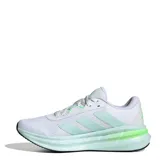 Championes de running Adidas Galaxy 7 para mujer, color blanco con detalles en verde menta y suela en tono menta claro y negro.