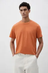 Remera naranja de algodón liviano con cuello redondo y corte estándar.