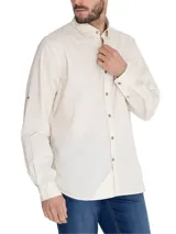 Camisa casual de hombre RKF Galiton, color amarillo claro, de manga larga ajustable con botones de madera. Confeccionada en popelina 100% algodón orgánico, con bolsillo de pecho con logo bordado y protección UV 20+.