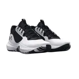 Championes de básquet Under Armour Lockdown 6, color blanco con detalles en negro y suela con diseño abstracto en blanco y negro.