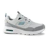 Championes Skechers Skech-Air Court Retro Avenue, color gris con detalles en blanco y celeste. Capellada de gamuza, material sintético y malla, con plantilla Skechers Air-Cooled Memory Foam y entresuela Skech-Air visible.