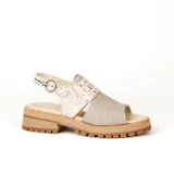 Sandalias de cuero color suela con plataforma y hebilla ajustable.