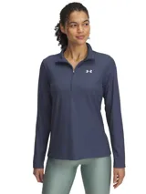 Buzo deportivo Under Armour para mujer, modelo Tech Rib 1/2 Zip. Color azul con textura acanalada y logo blanco en el pecho.