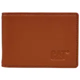 Billetera Caterpillar de cuero color marrón con doble pliegue y pinza para billetes. Tiene capacidad para 4 tarjetas de crédito y logo CAT grabado en la parte inferior.