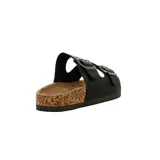 Sandalias bajas negras con dos tiras anchas ajustables con hebillas metálicas y plantilla de corcho.