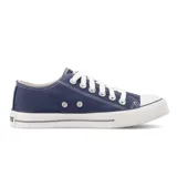 Zapatillas bajas John Foos modelo 182, color azul marino, con capellada de lona, forrería de algodón blanco, plantilla extraíble de caucho moldeado, cordones de algodón blanco y suela de caucho vulcanizado.