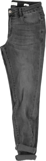 Pantalón de jean gris oscuro, corte skinny y tiro medio.