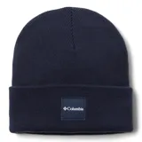 Gorro de lana azul con puño enrollado y logo de Columbia bordado en el frente.