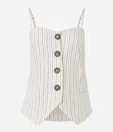 Blusa de tricolina con estampa de rayas verticales, breteles finos ajustables y desmontables, abotonado delantero y lastex en la espalda.