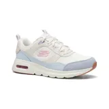 Championes Skechers Skech-Air Court Retro Avenue, color blanco con detalles en celeste y rosa. Capellada de gamuza, material sintético y malla. Plantilla Skechers Air-Cooled Memory Foam y entresuela Skech-Air visible.