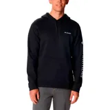 Buzo negro con capucha ajustable con cordón, bolsillo tipo canguro y logo de Columbia bordado en el pecho y estampado en la manga.