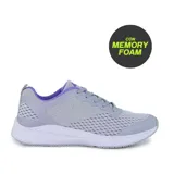 Championes deportivos grises con detalles en lila, capellada de mesh y suela blanca con tecnología memory foam.