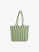 Bolso tipo tote bag de algodón con rayas verticales verdes y blancas. Presenta bordado con la palabra "Tropical" y un racimo de bananas. Tiene asas de hombro acolchadas en color verde.