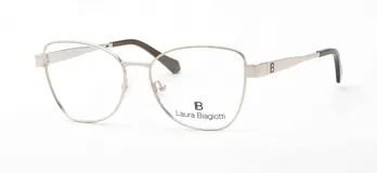 Armazón para lentes Laura Biagiotti modelo 71 col G3, de metal color plateado, con forma irregular y patillas marrones con detalle del logo de la marca.