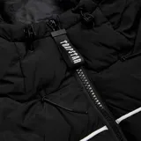 Campera puffer negra con capucha y logo Trapstar Irongate Arch Pipping v2 estampado en la espalda.
