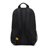 Mochila azul con estampado geométrico, logo de la marca en el frente, tirantes ajustables de malla elástica, bolsillo portaobjetos y ranuras para bolígrafos en el compartimento principal, compartimento trasero con bolsillo acolchado para portátil y cierre de cremallera.