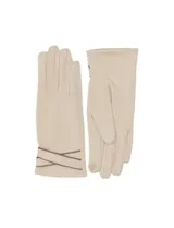 Guantes de tejido suave color azul marino, con un bordado minimalista en hilo claro en el dorso de la mano.