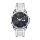 Reloj Armani Exchange modelo Banks con caja de acero plateado de 44mm, esfera azul con el logo de la marca, agujas plateadas y calendario. La malla es de acero plateado. Resistencia al agua de 5 ATM.