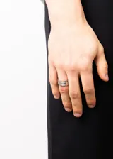 Anillo plateado de acero quirúrgico con tres ranuras que permiten que la parte central gire.