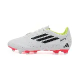 Championes de fútbol Adidas Deportivo III FxG, color blanco con detalles en negro, amarillo y rojo.