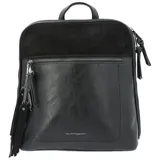 Mochila negra de ecocuero con aplique de gamuza en la parte superior. Tiene un compartimento principal con cierre de cremallera, bolsillos frontal y trasero con cierre, bolsillo interior con cierre y correas ajustables.