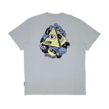 Remera blanca de manga corta con estampado en la espalda de una pirámide con un ojo, manos y un ovni.