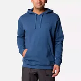 Canguro azul con capucha ajustable con cordón, bolsillo tipo canguro y logo de la marca bordado en el pecho.