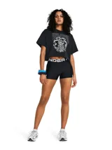 Calza corta de mujer Under Armour, modelo HeatGear Shorty, color azul con logo en la pierna izquierda y cintura elástica con la inscripción Under Armour.