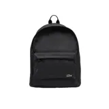 Mochila azul marino de poliéster con compartimento principal con cierre, bolsillo frontal con cierre y logo de Lacoste bordado en verde.