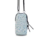 Bandolera porta celular color azul con efecto denim, con dos compartimentos con cierre y correa regulable de elástico.