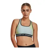 Top deportivo Under Armour con estampado abstracto en tonos verde militar y negro, breteles finos blancos y banda elástica con logo de la marca.