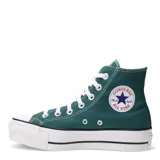 Championes Converse Chuck Taylor All Star Lift de caña alta, color verde con plataforma blanca y cordones blancos.